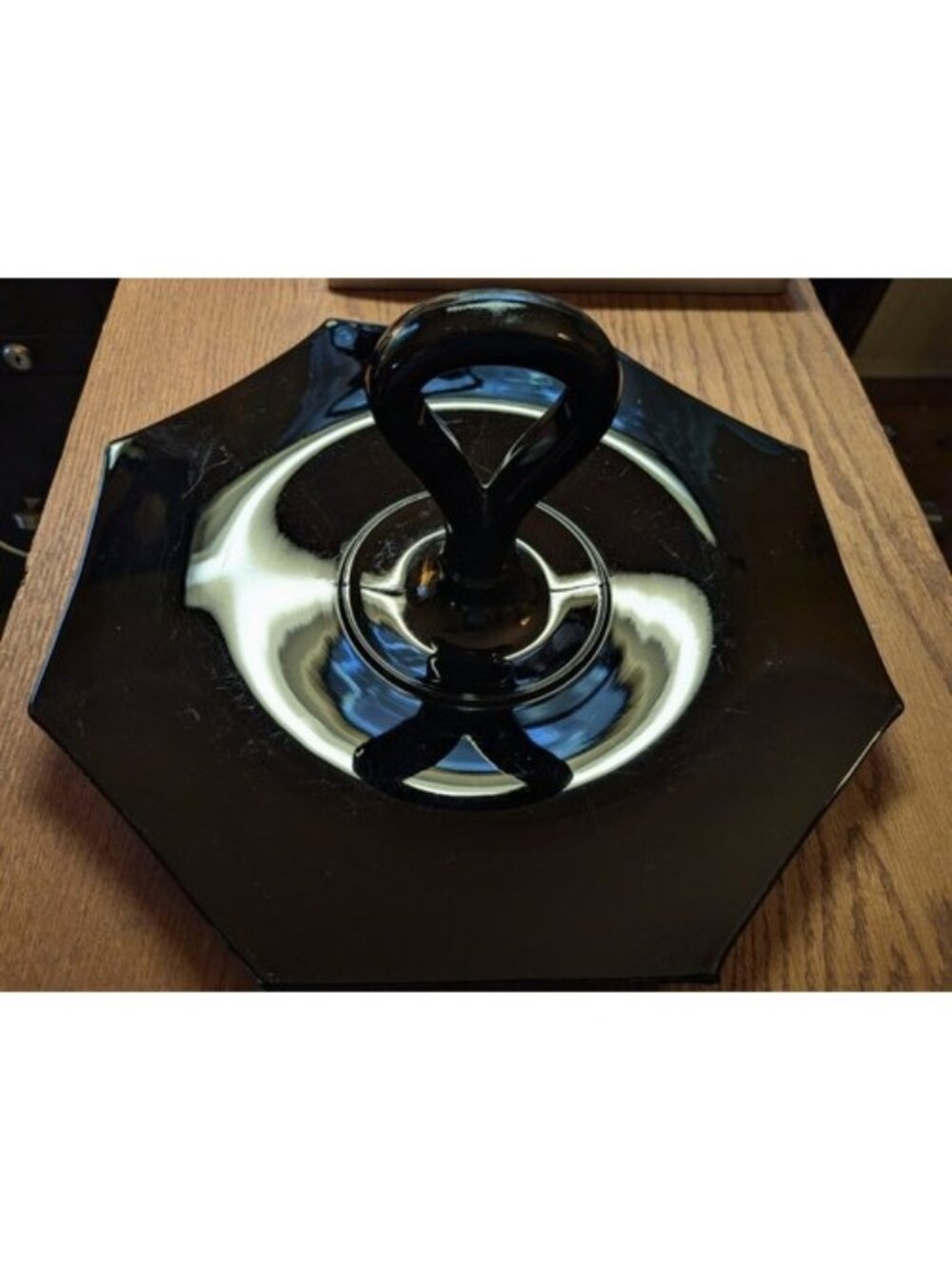 Vtg. Art Deco style Black Amethyst Glass Octagon Sandwich Plate Center Handle